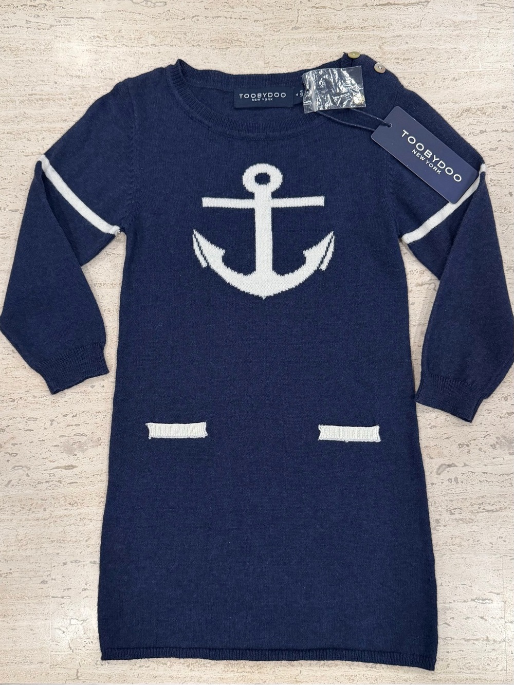 NWT Toobydoo Anchor Navy & White L/S Cotton-Cashmere Sweater Dress | Size 4
